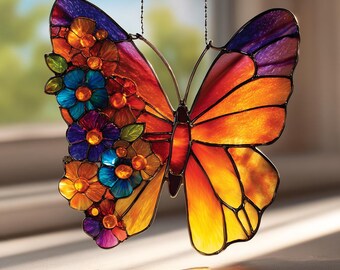 Rainbow Butterfly Acrylic Suncatcher – Faux Stained Glass Flower Sun Catcher, Colorful Window Decor, Boho Spring Gift for Nature Lovers