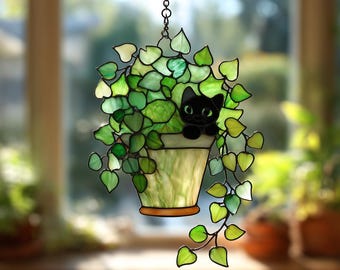 Black Cat Suncatcher: Trailing Vines Acrylic Window Decor, Black Cat Suncatcher, Ivy Plant Acrylic Decor, Cat Lover Gift