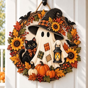 May include: A round autumn-themed door wreath featuring a white ghost wearing a black witch hat with a sunflower, a black cat with an orange plaid bow, three pumpkins, and a lantern. The wreath is decorated with sunflowers, red berries, and bats.