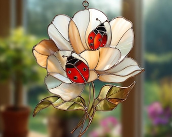 Stunning Ladybug on White Flower Faux Stained Glass Suncatcher Ornament, Ladybug Glass Art Decor, Perfect Gift for Ladybug Lovers