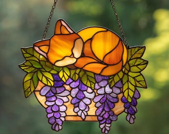 Orange Cat with Wisteria Flowers Hologram Ornament, Sleeping Orange Cat ACRYLIC Hanging Window Decor, Wisteria Floral Art , Cat Lover Gift