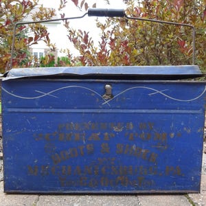 Antique Cobalt Blue Pressed Tin Advertising Box: &quot;Cheap Tom&quot; Boots & Shoes