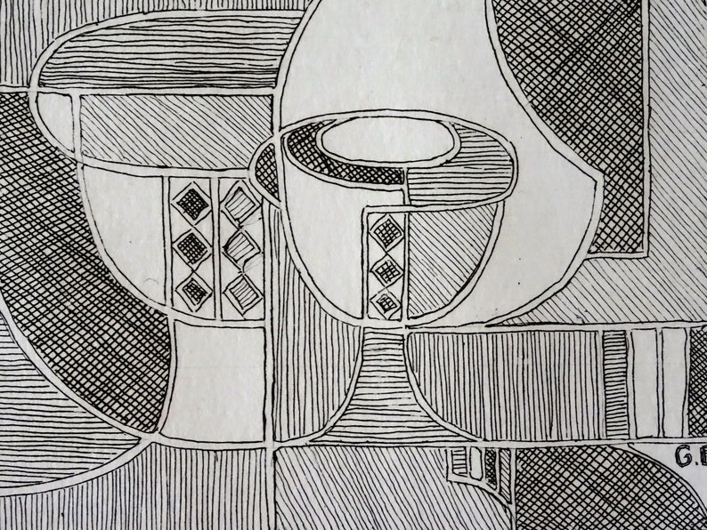 Vintage Modernist Picasso School Black /& White Etching of Cubist Still Life