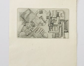 Vintage Black and White Cubist Etching of "Two Faces" from the estate of Obsieger Klasse