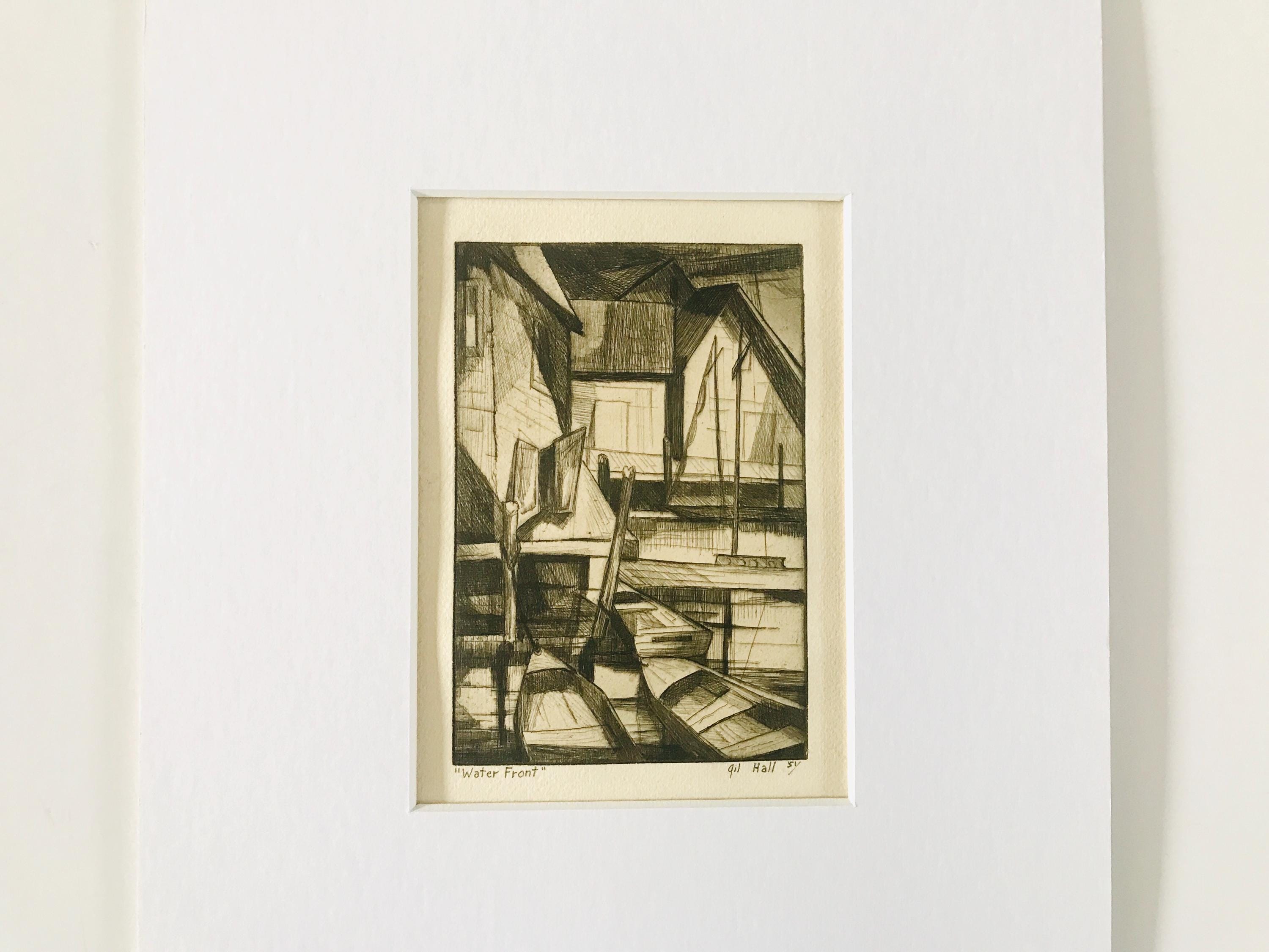 Mid Century '51 original Cubist Lithograph titled "Water Front" signed by artist Gil Hall