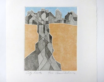 Vintage '79 Cubist Color Etching titled "City Roots" numbered 5/40 by artist Coren Andres