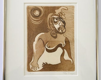 Mid Century Modernist Pablo Picasso School Sepia Tone Etching of nude abstract figure numbered 2/5 signed by the artist Flo Singer