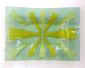 Vintage MCM Higgins Fused Glass Catch-all or Ashtray in RARE Sunburst Green & Yellow Color Combination