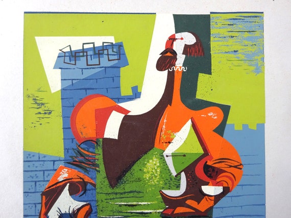 Mid Century Cubist Color Silkscreen by Listed American