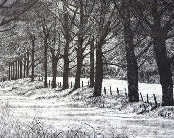 Vintage Large Black and White Etching of a Tree Lined Country Road from Michigan Estate Sale