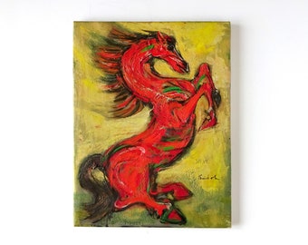 Vintage Modernist Impasto "Red Horse" Oil Painting on canvas by listed Japanese artist Masao Saitoh '64