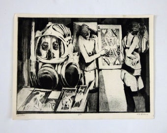 Mid Century Modernist Black & White Etching titled "Vanitas" numbered 3/20 featuring Nude Figures and signed by artist Richard K. Hillis