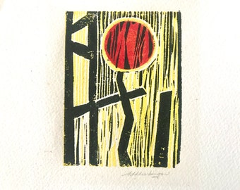 Vintage Modernist Alexander Calder School Color Linocut by listed Hawaiian artist Dale Addlesberger