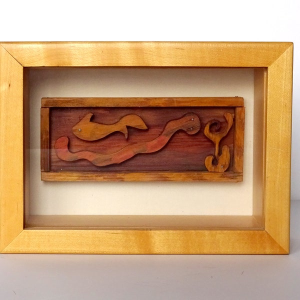 Vintage Modernist Abstract Organic Carved Wood Sculpture in Shadow Box Frame