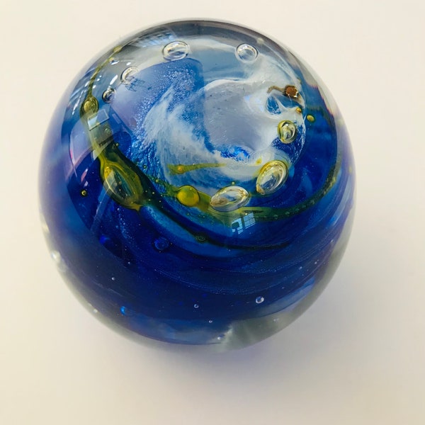 Vintage RARE Blue, Yellow and White Swirl w/bubbles Irish Kerry Glass 3" Paperweight with two original labels