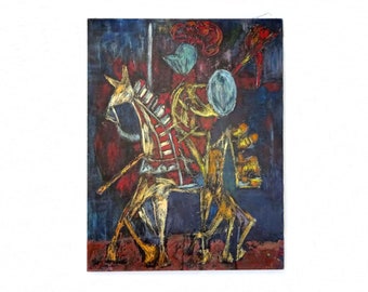 Mid Century Modernist Large Original Oil Painting of "Knight on Horse with Lance" signed by artist K Roynoch