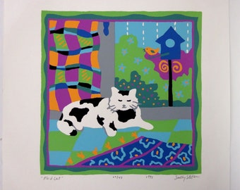 Vintage '89 Color Silkscreen titled "Plaid Cat" numbered 29/45 and signed by listed American artist Sally Stetson