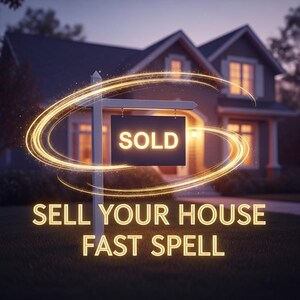 Può includere: Una casa con un cartello con la scritta "SOLD" in lettere giallo brillante. Il cartello è su un palo di legno davanti alla casa. Il testo "SELL YOUR HOUSE FAST SPELL" è sotto, con un effetto luminoso.