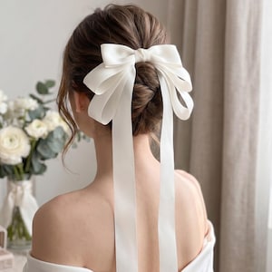 Elegante drielaags satijnen lint haarspeld, oversized lange bruidsspeld, bruiloft haarstrik, gala haaraccessoire, bruidsmeisje cadeau voor haar