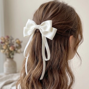 Elegant Satin Bow Hair Clip Long Ribbon Tail Bridal Wedding Engagement Party Hair Accessory Soft Romantic Half Up Style Gift for Woman Girl