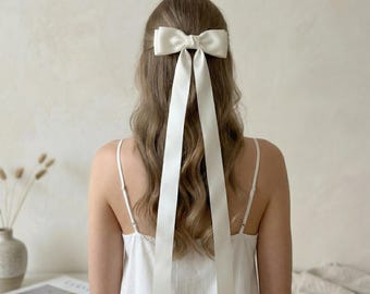 Elegant Large Satin Ribbon Bow Hair Clip,Long Tail Barrette for Women,French Style Handmade Hair Accessory, Unique Eye-Catching Gift for Her