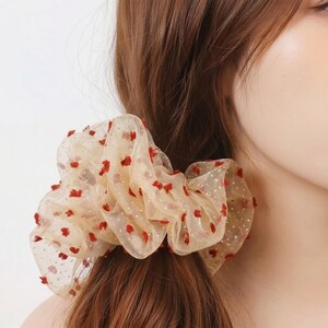Oversized Sheer Organza Scrunchie with Flocked Dots, Subtle Shimmer Hair Tie for Women, Elegant Ponytail Holder, Unique Gift for Her Chic Up