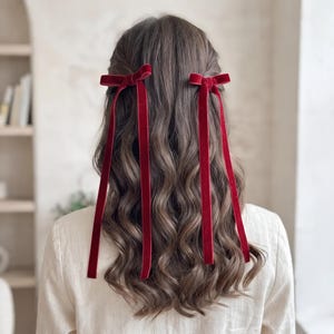 May include: Two deep red velvet hair bows attached to long, thin velvet ribbons. The bows are secured in wavy brown hair, with the long ribbon tails hanging down vertically against the hair, creating a simple and elegant hair accessory set.