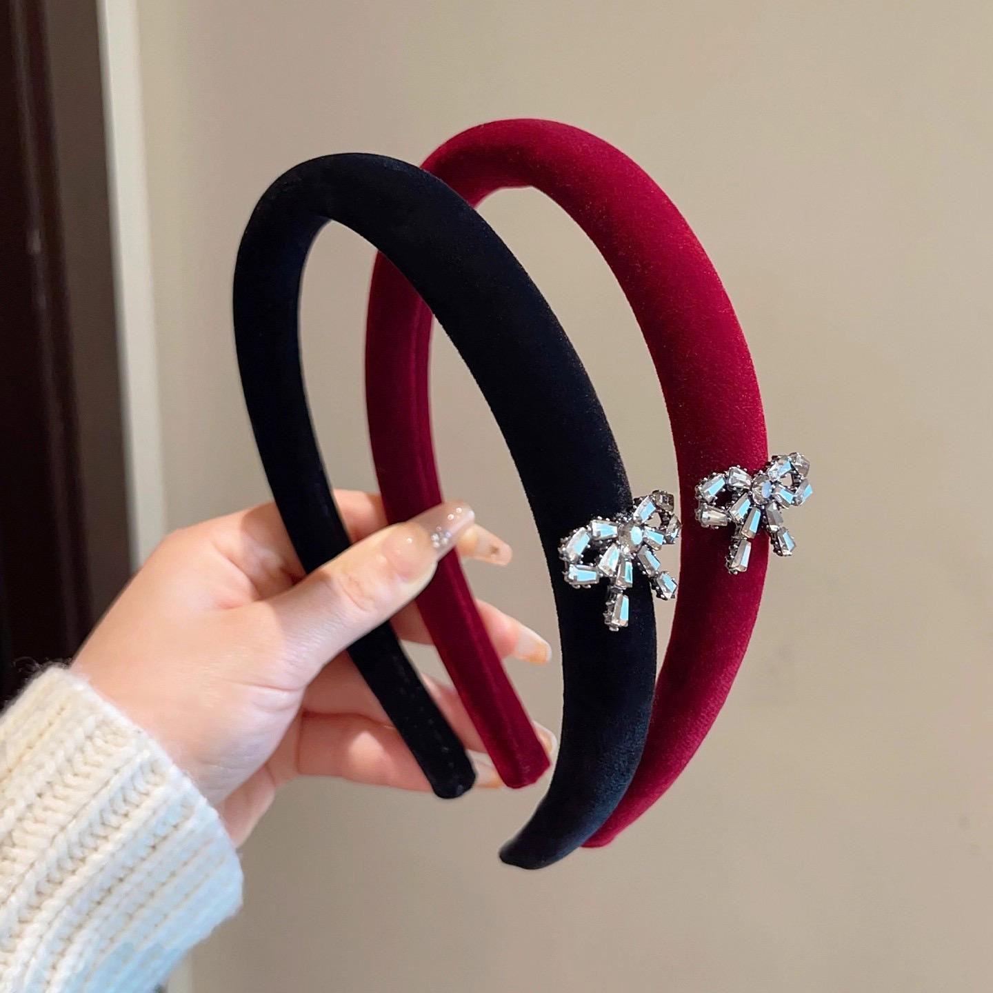 Luxury Rhinestone Velvet Padded Bow Headband Padded Velvet Headband: Rhinestone Hairband, Various Colors  main image 3