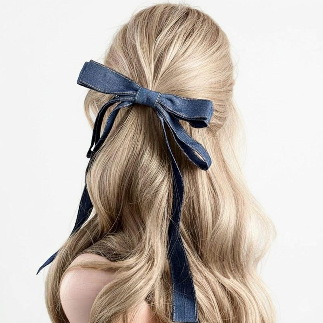 Minimalist Denim Bow Hair Clip,classic Long Ribbon Barrette,simple ...