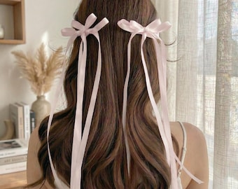 Elegant Satin Ribbon Bow Hair Clips Set of 2,Long Streamer Double Layer Bows in Various Colors,Lovely Coquette Balletcore Style Wedding Gift