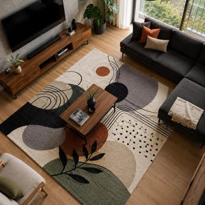 Puede incluir: Una alfombra rectangular con fondo crema que presenta un patr&oacute;n abstracto de grandes c&iacute;rculos, semic&iacute;rculos y formas org&aacute;nicas en tonos naranja quemado, gris carb&oacute;n, verde salvia y negro, acentuado por l&iacute;neas finas y puntos negros.