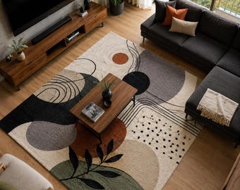 Tappeto moderno astratto geometrico, colore neutro beige, nero e terracotta per soggiorno.