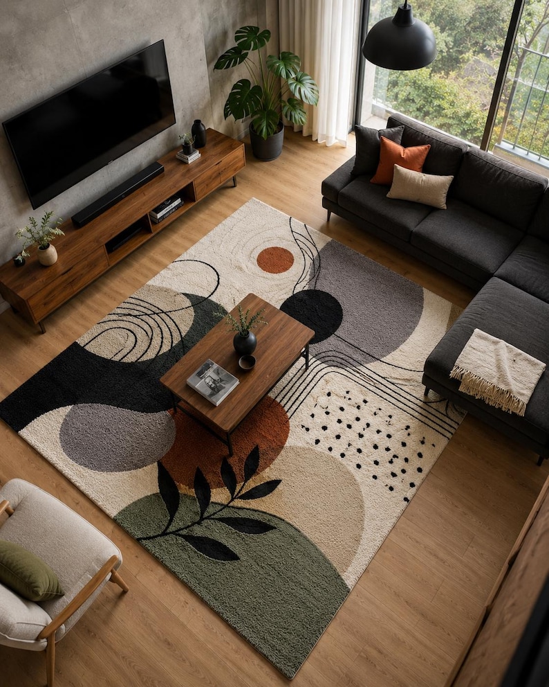 Puede incluir: Una alfombra rectangular con fondo crema que presenta un patr&oacute;n abstracto de grandes c&iacute;rculos, semic&iacute;rculos y formas org&aacute;nicas en tonos naranja quemado, gris carb&oacute;n, verde salvia y negro, acentuado por l&iacute;neas finas y puntos negros.