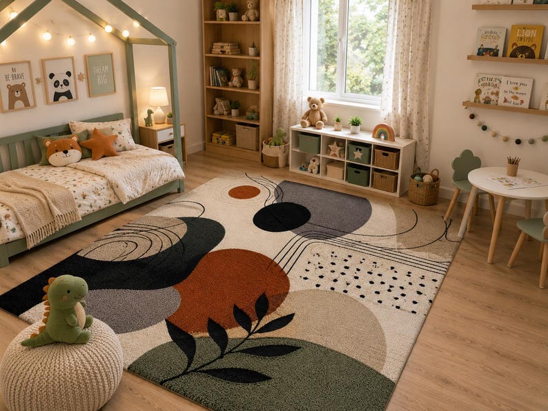 Puede incluir: Una alfombra rectangular con fondo crema y formas abstractas en terracota, verde salvia, carb&oacute;n y beige. El dise&ntilde;o incluye l&iacute;neas negras, motivos circulares y una silueta de hoja negra destacada sobre la superficie.