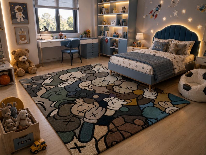 Puede incluir: Una alfombra rectangular con un patr&oacute;n gr&aacute;fico repetitivo de personajes estilo dibujos animados con ojos en forma de X y manos enguantadas. La alfombra muestra una paleta de colores apagados en tonos azules, marrones, beige y grises.