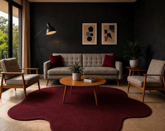 Alfombra de área con forma orgánica abstracta color burdeos, alfombra moderna minimalista para sala de estar.