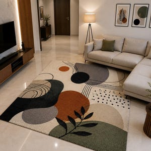 Puede incluir: Una alfombra rectangular con un dise&ntilde;o abstracto que presenta grandes formas circulares en naranja quemado, gris carb&oacute;n y verde salvia. El fondo color crema incluye l&iacute;neas negras, un motivo de hojas y puntos negros dispersos.