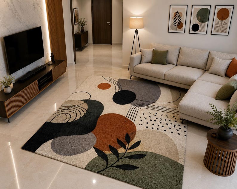 Puede incluir: Una alfombra rectangular con un dise&ntilde;o abstracto que presenta grandes formas circulares en naranja quemado, gris carb&oacute;n y verde salvia. El fondo color crema incluye l&iacute;neas negras, un motivo de hojas y puntos negros dispersos.