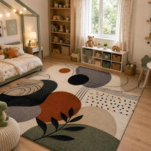 Puede incluir: Una alfombra rectangular con fondo crema y formas abstractas en terracota, verde salvia, carb&oacute;n y beige. El dise&ntilde;o incluye l&iacute;neas negras, motivos circulares y una silueta de hoja negra destacada sobre la superficie.