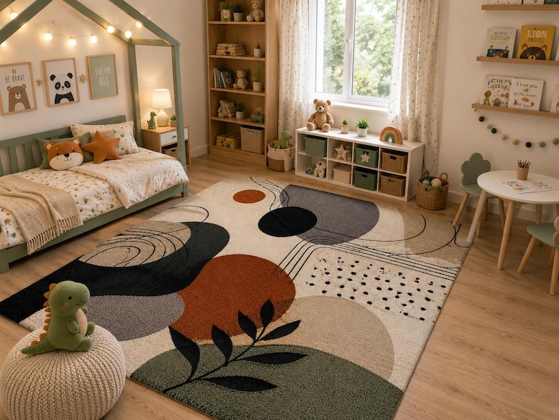 Puede incluir: Una alfombra rectangular con fondo crema y formas abstractas en terracota, verde salvia, carb&oacute;n y beige. El dise&ntilde;o incluye l&iacute;neas negras, motivos circulares y una silueta de hoja negra destacada sobre la superficie.