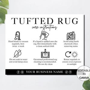 Puede incluir: Una tarjeta rectangular blanca con texto negro titulada TUFTED RUG care instructions. Presenta seis iconos de l&iacute;nea negra con texto que explica pasos de mantenimiento como aspirar, absorber derrames, evitar qu&iacute;micos y rotar la alfombra.