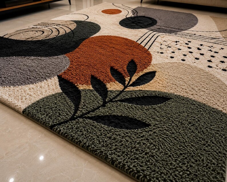 Puede incluir: Una alfombra texturizada con un patr&oacute;n abstracto de formas org&aacute;nicas en tonos naranja &oacute;xido, verde oliva, gris carb&oacute;n y crema. El dise&ntilde;o incluye una silueta de hoja negra y l&iacute;neas finas sobre una superficie de pelo alto y copetuda.