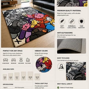 Puede incluir: Una alfombra rectangular con un estampado gr&aacute;fico de estilo KAWS en colores vibrantes como rojo, amarillo, morado, azul y gris. El dise&ntilde;o presenta personajes de dibujos animados estilizados con ojos en forma de X y una base antideslizante.