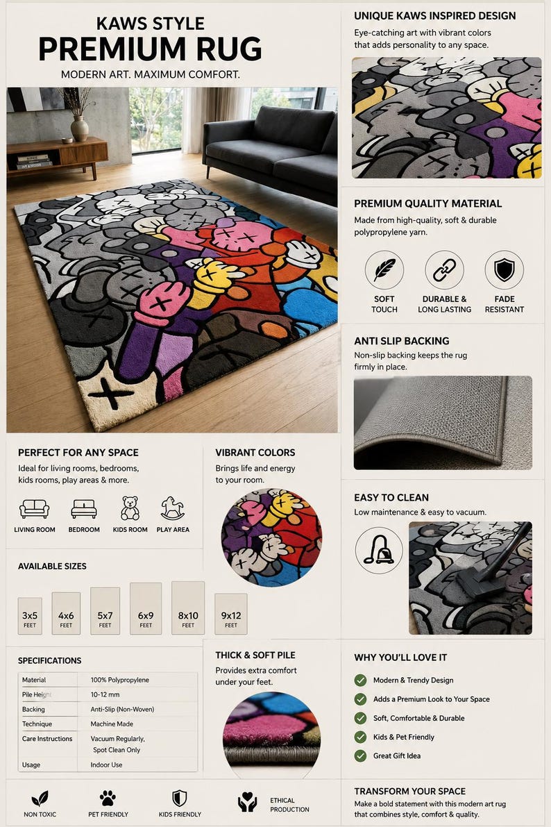 Puede incluir: Una alfombra rectangular con un estampado gr&aacute;fico de estilo KAWS en colores vibrantes como rojo, amarillo, morado, azul y gris. El dise&ntilde;o presenta personajes de dibujos animados estilizados con ojos en forma de X y una base antideslizante.
