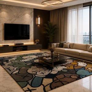 Puede incluir: Una alfombra grande con un patr&oacute;n gr&aacute;fico colorido de personajes estilo dibujos animados con manos enguantadas y ojos en forma de X en tonos azul, marr&oacute;n, verde y crema, situada en una sala de estar con sof&aacute;, sill&oacute;n y mesa de centro.