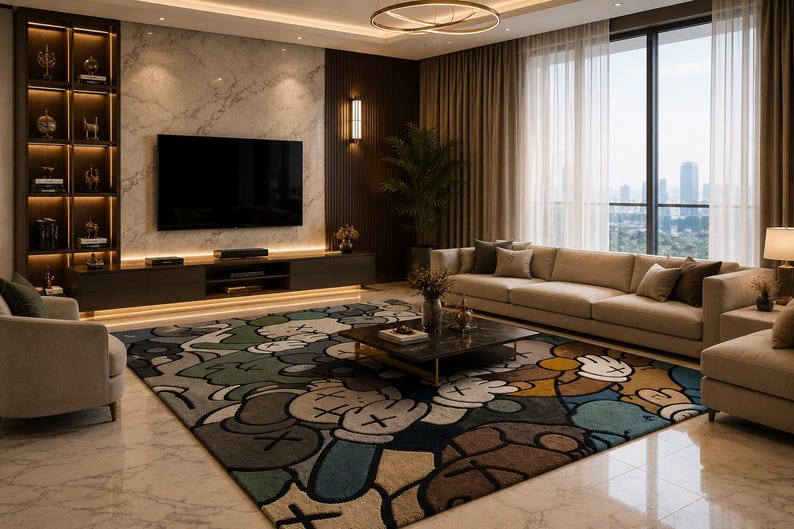 Puede incluir: Una alfombra grande con un patr&oacute;n gr&aacute;fico colorido de personajes estilo dibujos animados con manos enguantadas y ojos en forma de X en tonos azul, marr&oacute;n, verde y crema, situada en una sala de estar con sof&aacute;, sill&oacute;n y mesa de centro.