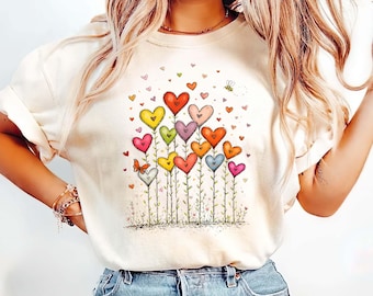 Whimsical Heart Garden Png, Valentine's Day Sublimation, Colorful Heart Flowers, Spring Doodle Design, Cute Bee Butterfly, Love Shirt Png