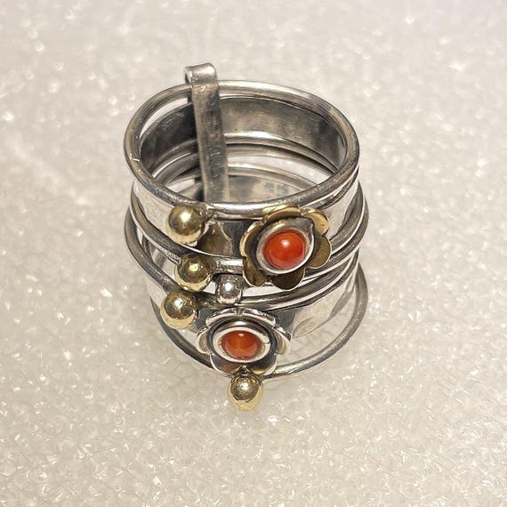 Sterling and Coral 7 Layer Stackable Ring - image 2