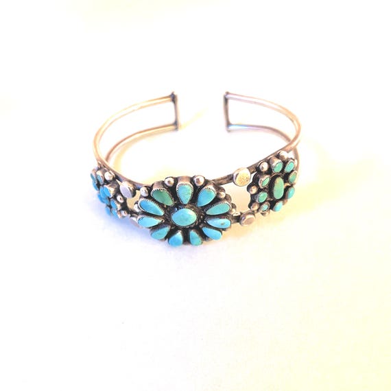 Vintage Native American Turquoise & Sterling Triple Flower Sunburst Cuff Bracelet