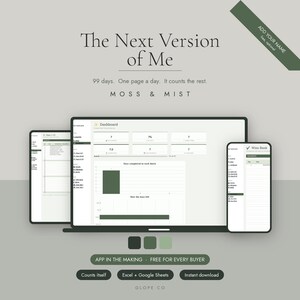 Op de afbeelding: Een digitale planner getiteld The Next Version of Me van Moss & Mist, weergegeven op een laptop, tablet en smartphone. De interface bevat een dashboard met voortgangsgrafieken, een Wins Bank en dagelijkse trackingpagina's in saliegroen en wit.